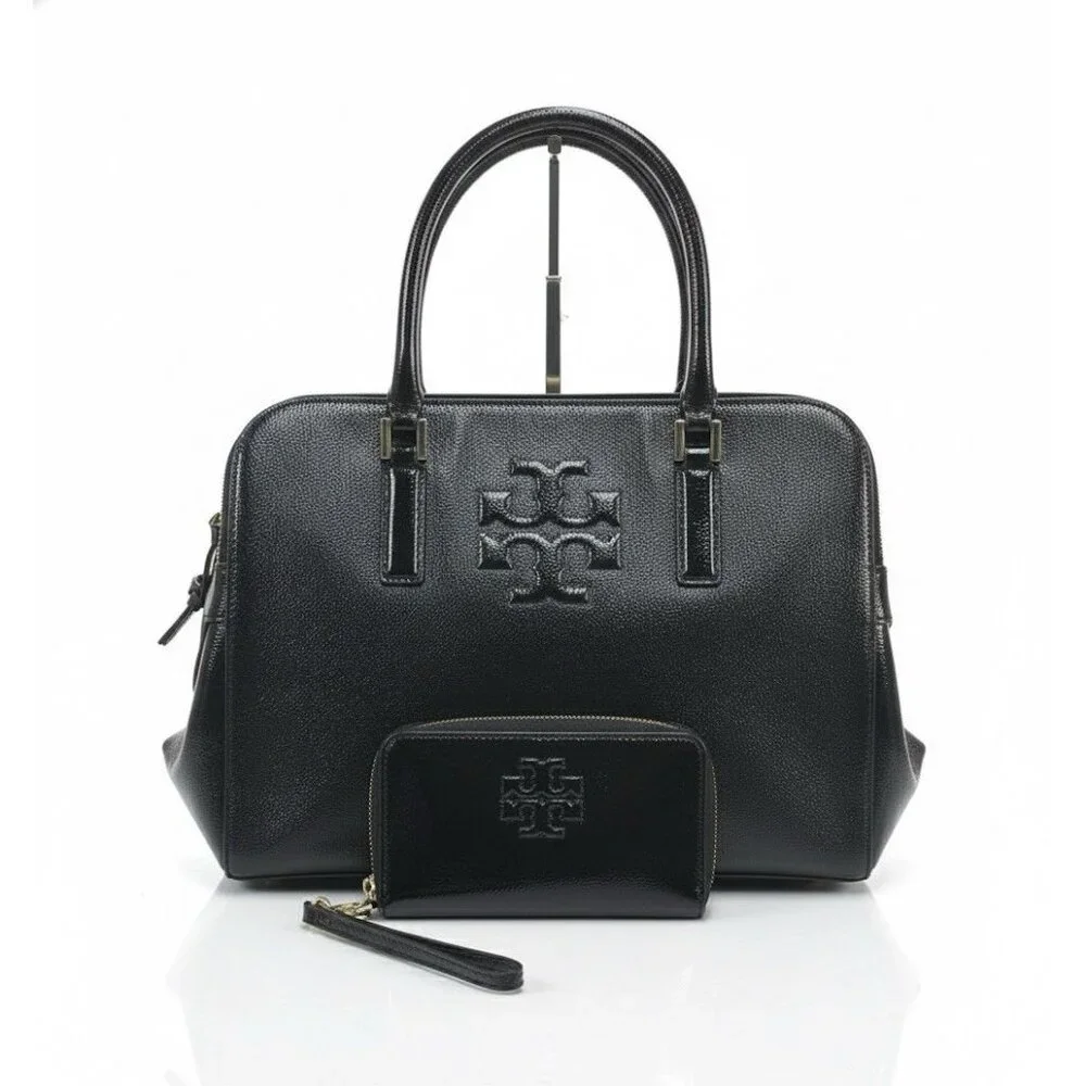 Tory Burch Thea Black Leather Triple Zip Satchel Bag and Matching Wristlet‎ Set